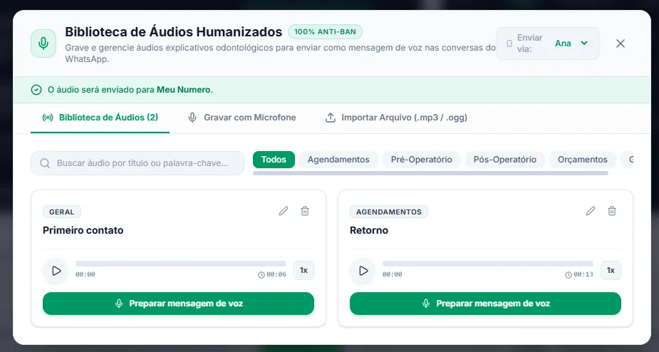 Biblioteca de áudios do QuantumChat com dois áudios cadastrados, categorias por tipo de atendimento e o botão Preparar mensagem de voz em cada um.