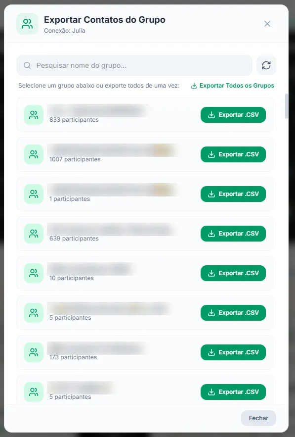 Lista de grupos de WhatsApp com a contagem de participantes e um botão Exportar CSV em cada linha.