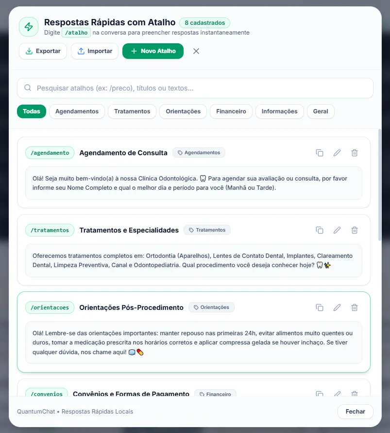 Janela de respostas rápidas com oito atalhos cadastrados, separados por categoria, mostrando o texto completo de cada um.
