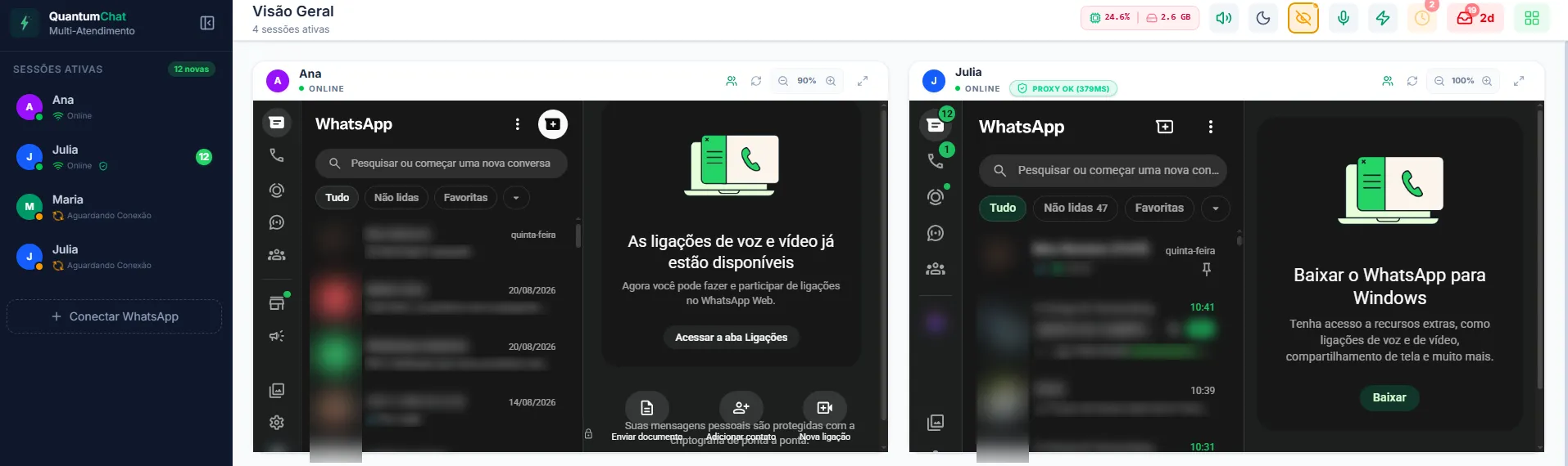 Quatro conexões de WhatsApp abertas lado a lado na mesma janela do QuantumChat, com a barra lateral listando as sessões ativas.